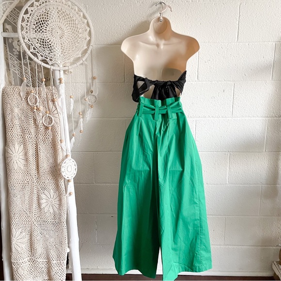 NWT Zara Green Cotton High Waist Belt Wide Leg Pants - Picture 3 of 13